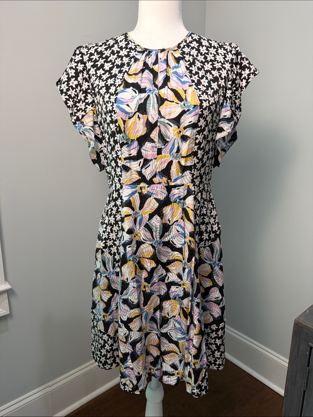 Rebecca Taylor Black Midi Dress with Pastel Floral Print. Like New. Size 6.